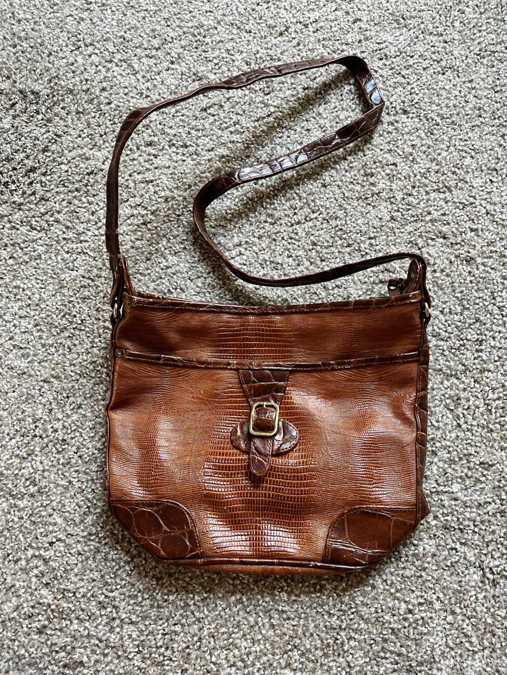 Textured Brown Leather Crossbody Bag with Buckle Accent
